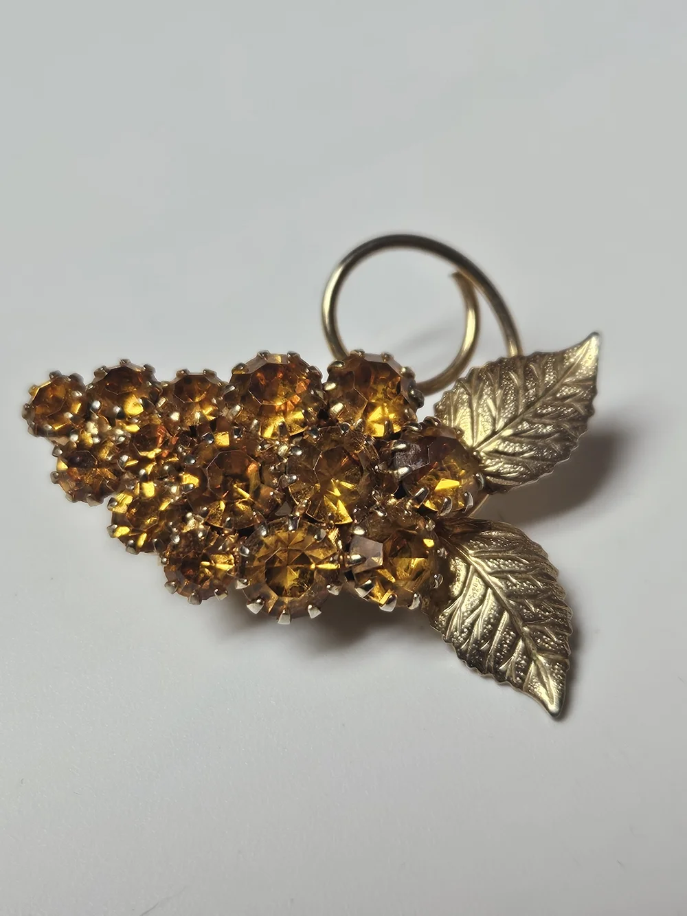 1950s Golden Amber Crystal Leaf Brooch Pin